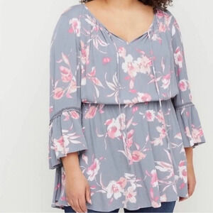 Lane Bryant Gray & Pink Floral Print Bell Sleeve Popover Blouse 1X Women’s